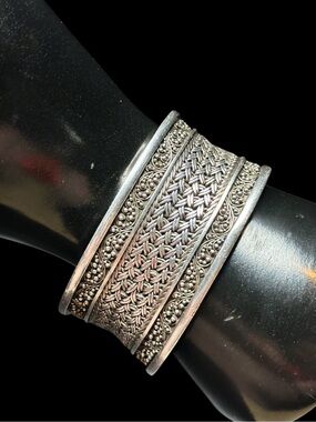 LOIS HILL Sterling Silver Thai Weave Cuff w/ Oxidized Silver & Granulated Cutout